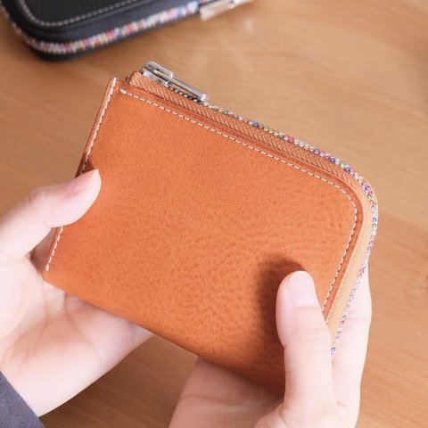虹色L字ファスナーミニ財布/コニャック ブラウン系/大容量でコンパクト 春財布