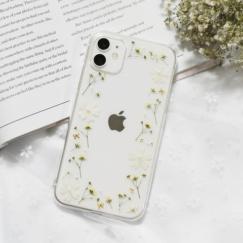 White×green かすみ草 押し花 iPhoneケース Android 全機種対応 iPhoneSE2