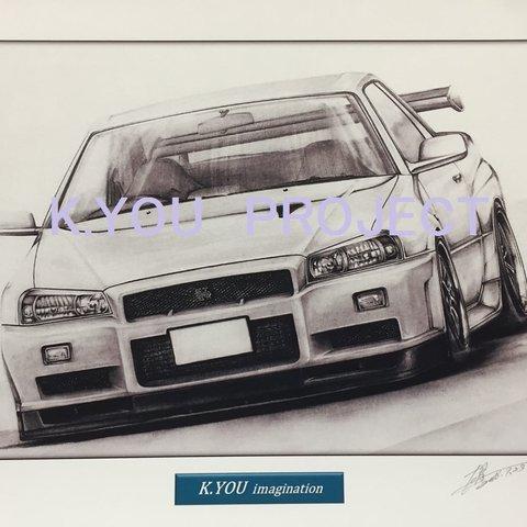 【鉛筆画】スカイラインR34　GT-R　A4サイズ　額入り　送料無料