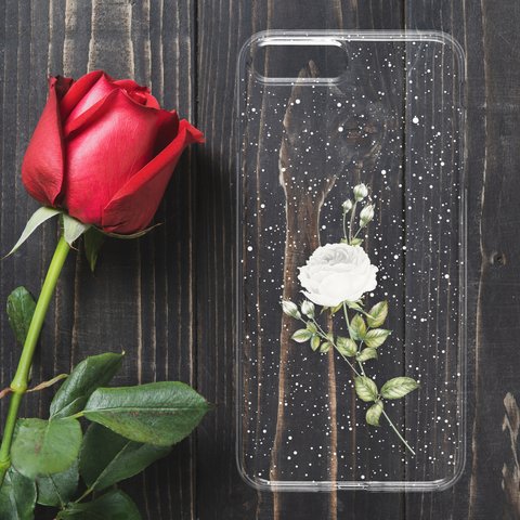 再販♪『一輪の薔薇 ホワイト』iPhone/android 多機種対応 クリアケース ハードケース 透明 Galaxy AQUOS arrows Xperia バラ ローズ 冬 白 ギフト プレゼント