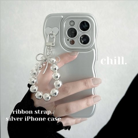  ⑅ribbon strap⑅𓏸𓈒𓂃silver  iPhone case𓂃𓈒𓏸  スマホケース　ストラップ