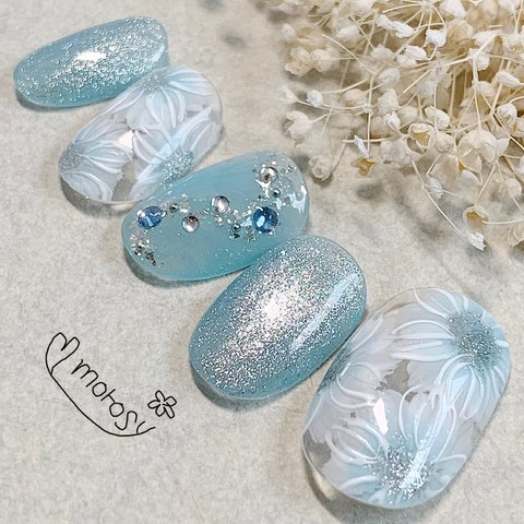 MOROSY193☆ウェディング ブライダル 結婚式 花嫁 ネイル チップ マグネット 花 シンプル 水色 ブルー 