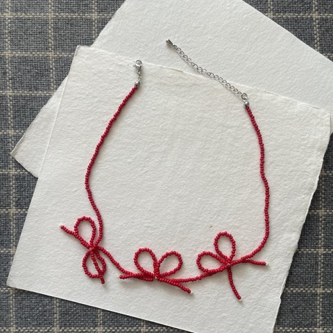 《 ビーズネックレス 》 《 リボンネックレス 》 Red Ribbon necklace🎀　