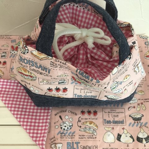 ランチバッグ＆ランチョンマットセット（お弁当柄）ピンク 入園入学 お弁当袋入れ 巾着バッグ