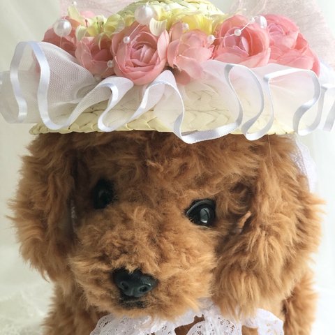 犬麦わら帽子≪フリルピンク≫　写真撮影　犬猫アクセサリー　トリミング　ヘッドアクセ　夏のお出かけ　誕生日