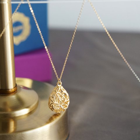 【14KGF】Necklace,Matt Gold Floral Teardrop Filigree