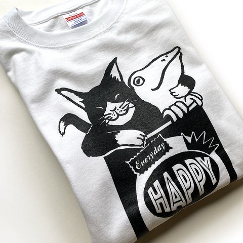 猫とカエルのTシャツ（ホワイト）【L】男女兼用