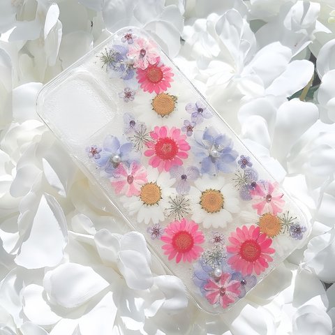 紫の千鳥草とピンクノースポールの押し花スマホケース♡押し花♡iPhone♡GALAXY♡Android♡Xperia♡oppo♡rakutenhand ♡