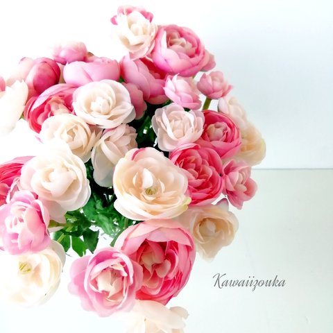 【再6】ふんわりピンクのラナンキュラスミックス2本　造花・アーティフィシャルフラワー・花材 #14788
