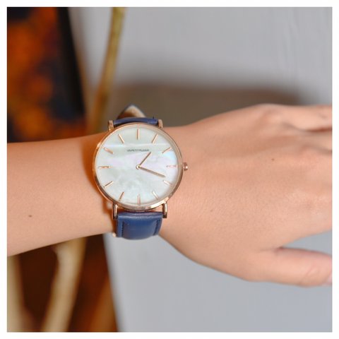 【パールホワイトが可愛い】腕時計 シンプル ネイビー レディース メンズ レザー 革 クリスマスプレセントに