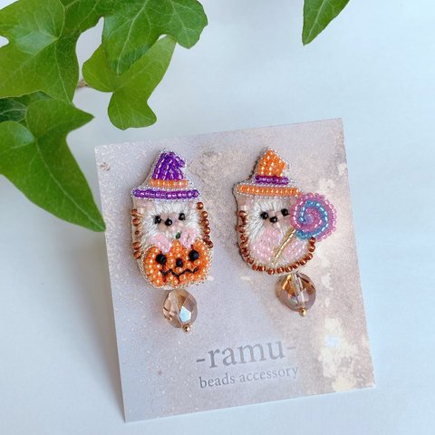 ハロウィンハリネズミのビーズ刺繍アクセサリー