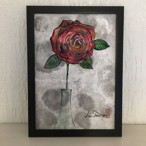 絵画 肉筆（薔薇の花）墨絵 水彩画 開運 額付き