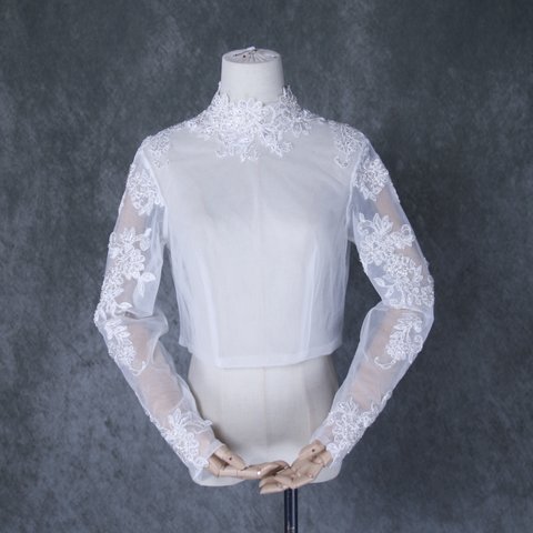 エレガント ボレロ 花柄のモチーフ刺繍が美しく くるみボタン 長袖 ウェディングドレス