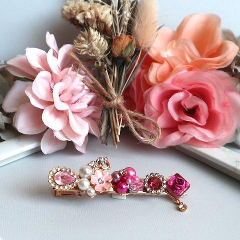 小さなラインストーンとお花のヘアアクセサリー ピンク Ii0811