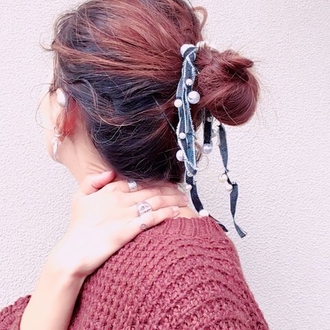 大ぶり ヴィンテージ 風 ハンドメイド 切りっぱなし デニム ホワイト パール ロング ヘアリボン ヘアアクセサリー ヘア リボン