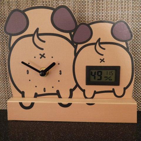 親子パグの置き時計・温度計、湿度計付き（掛け時計）