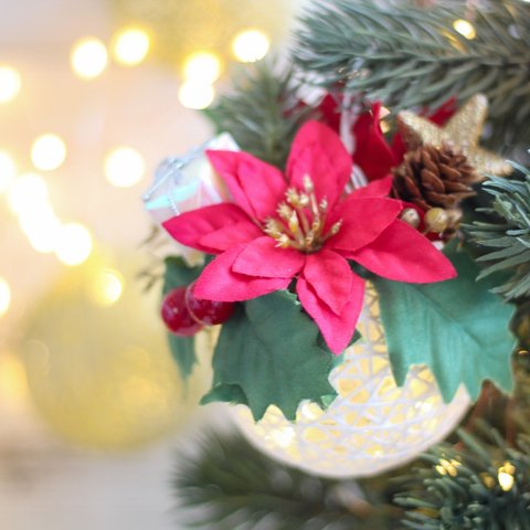 【手作りキット】クリスマスのフラワーランタン（白玉×赤花）