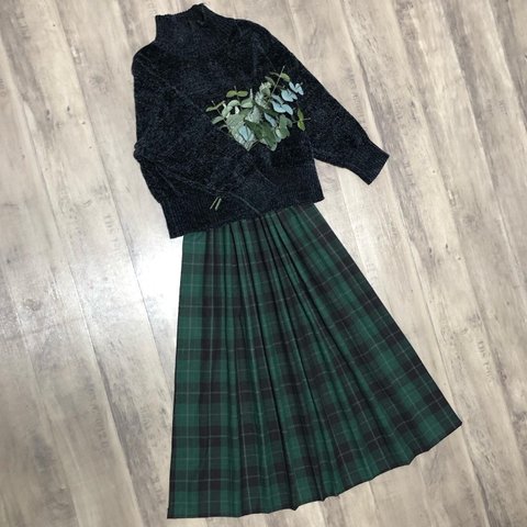~緑&黒 ~大人可愛いシック チェック ギャザースカート