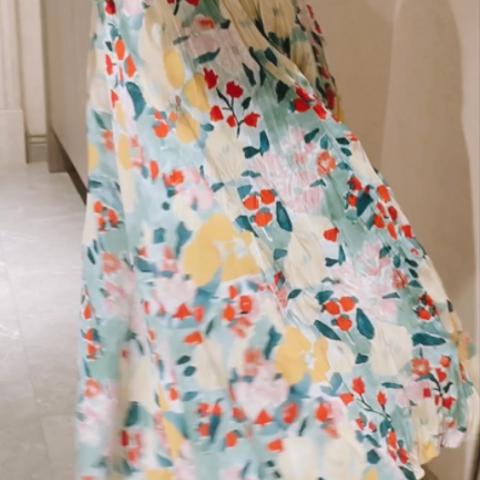 レトロな油絵/花柄ドレス*シフォンスカートAラインスカート