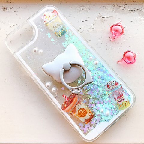 揺れるハート スイーツ 猫♡スマホケース iPhoneケース ウォーターケース グリッターケース iPhone8 iPhone７ iPhone6 iPhone6s /水色 ホログラム