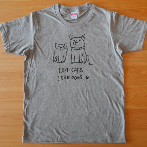 送料無料中♪ Tシャツ「Love cats Love dogs1 」ヘザーグレー