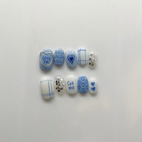 #7 文字変更自由【 size order 】 nail tip - blue / heart / hologram / 落書きネイル