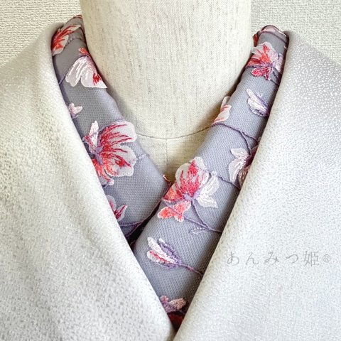 洗える刺繍半衿  シフォンフラワー