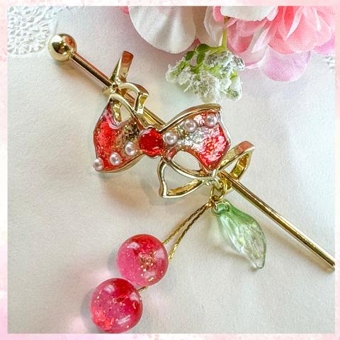 さくらんぼ 揺れる 髪飾り かんざし /レッド/大人かわいい レジン アクセサリー 