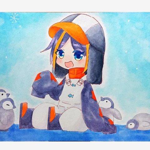 手描き ｢ペンギンと女の子｣ オリジナルイラスト