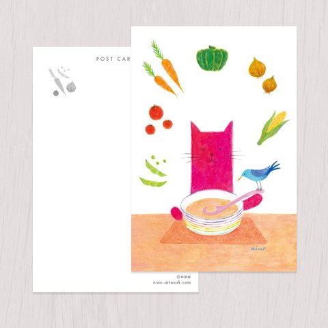 ポストカード2枚セット　赤い猫と青い鳥「ハルとソラ」No.2024-02