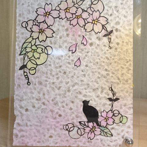 【切り絵】春まちサクラ🌸と黒ねこのスタンド  (受注作成になります)m(__)m