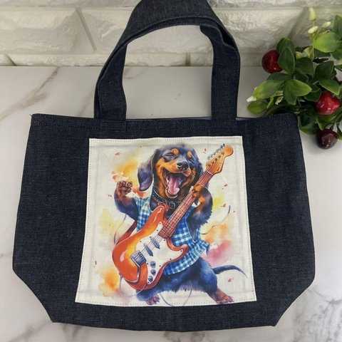 [56] ダックスギタリスト♡ミニトートバッグ・ハンドメイド パネル生地