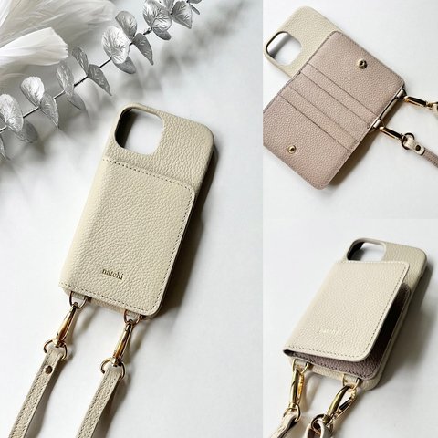 本革 スマホショルダー　バイカラー　ショルダー付き 背面収納カード 名前入れ レザーiphoneケース　