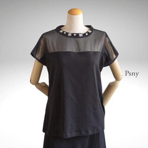 PSNY 大人色っぽいフレンチスリーブTシャツ - シースルー・ビジュー2トップス TP05