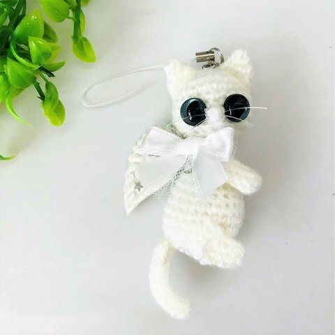 【送料無料】天使の白猫♡あみぐるみストラップ