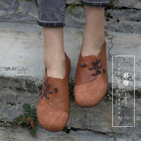 【受注製作】ぺたんこ丸トウ　手製裁縫牛革レザーパンプス　靴　ライトブラウン　茶褐色　2色　DKH38