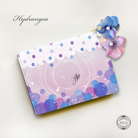 【名入れオーダー】紫陽花のカードケース　ピンク　紫陽花のチャーム付き