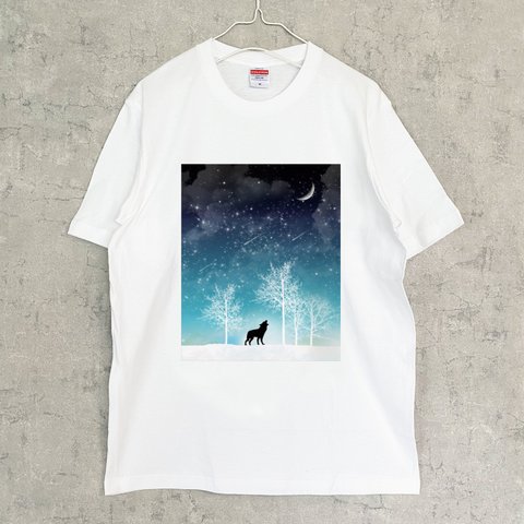 冬の星空 Tシャツ（men） / 星 月 猫 狼