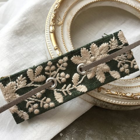 インド刺繍 リボンポニーフック ラップリボン リボンラップ グリーン×グレー