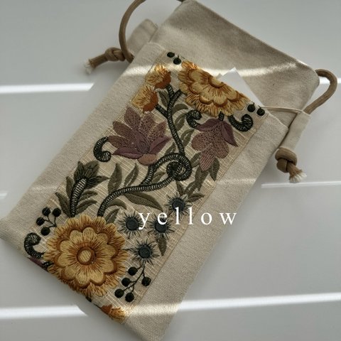 【 yellow スマホショルダー　スマホケース　ショルダーケース　ポシェット　サブバッグ　プレゼント　インド刺繍　インド刺繍リボン　ショルダーバッグ　】