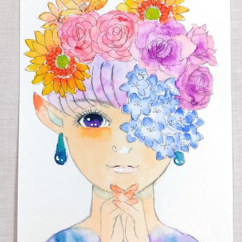 人物と花　イラスト原画