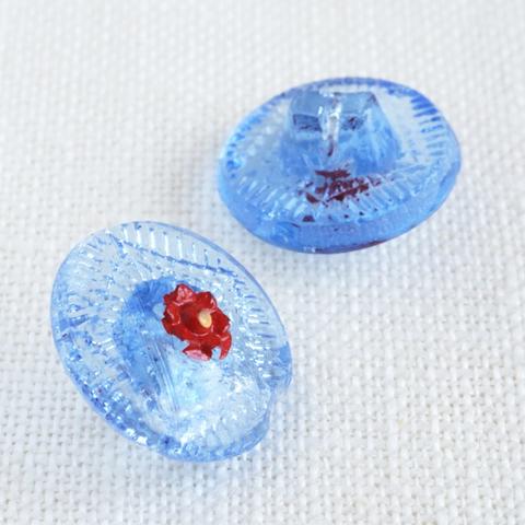 (1個) 14mm チェコ製 アンティーク ガラスボタン 透明 ブルー 花