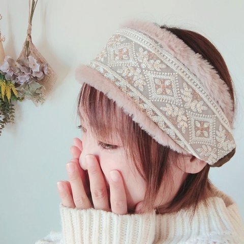 インド刺繍リボンのリバーシブルファーヘアバンド