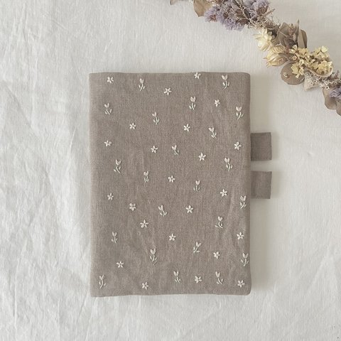 【完成品】小花刺繍のほぼ日手帳カバー モカ A5 リネン 