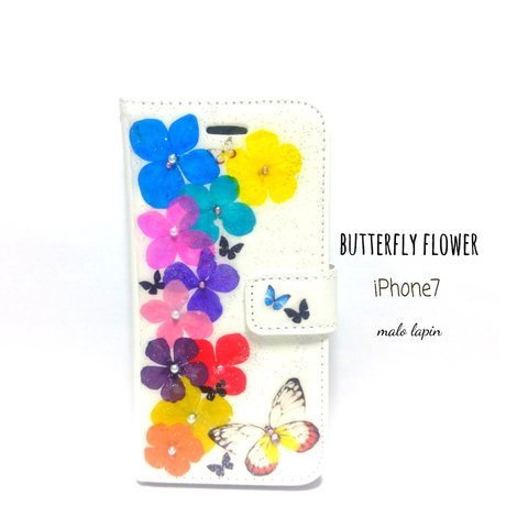 手帳型butterflyflower押し花iPhone7ケース、カバー