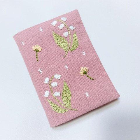 コットンリネン刺繍のカードケース（すずらん・桃色）