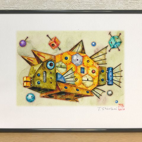 『機械仕掛けのウミスズメ』 デジタル版画 /A4サイズ 魚 水彩画 イラスト ファンタジック インテリア　（作品のみ）