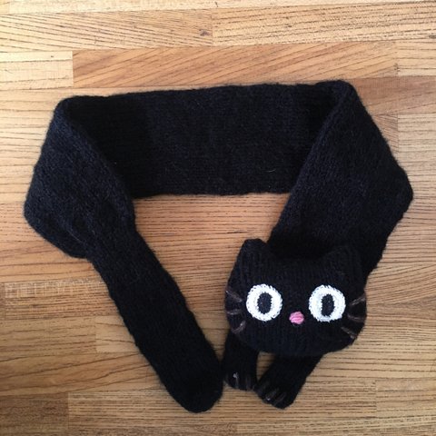 毛糸の手編みの猫マフラー*黒猫ver*
