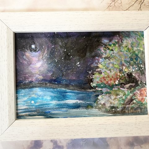 夜の湖　オリジナル　原画　星空　絵画　ハンドメイド　moon rose. 薔薇