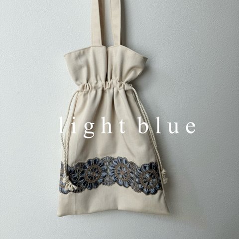 【 light blue 巾着トート　トートバッグ　巾着バッグ　バッグ　インド刺繍　インド刺繍リボン　肩掛けバッグ　サブバッグ　花柄　オレンジ　】